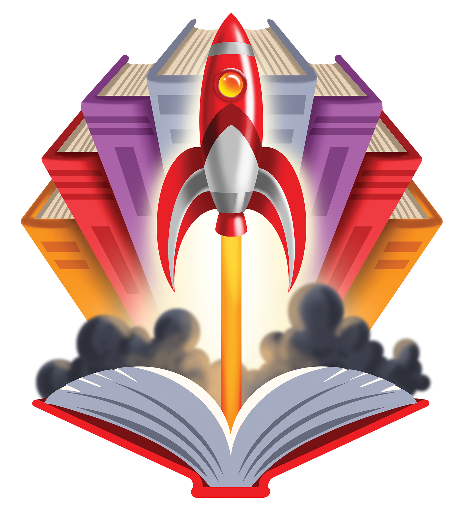 Graphic of rocket taking off out of an open book.