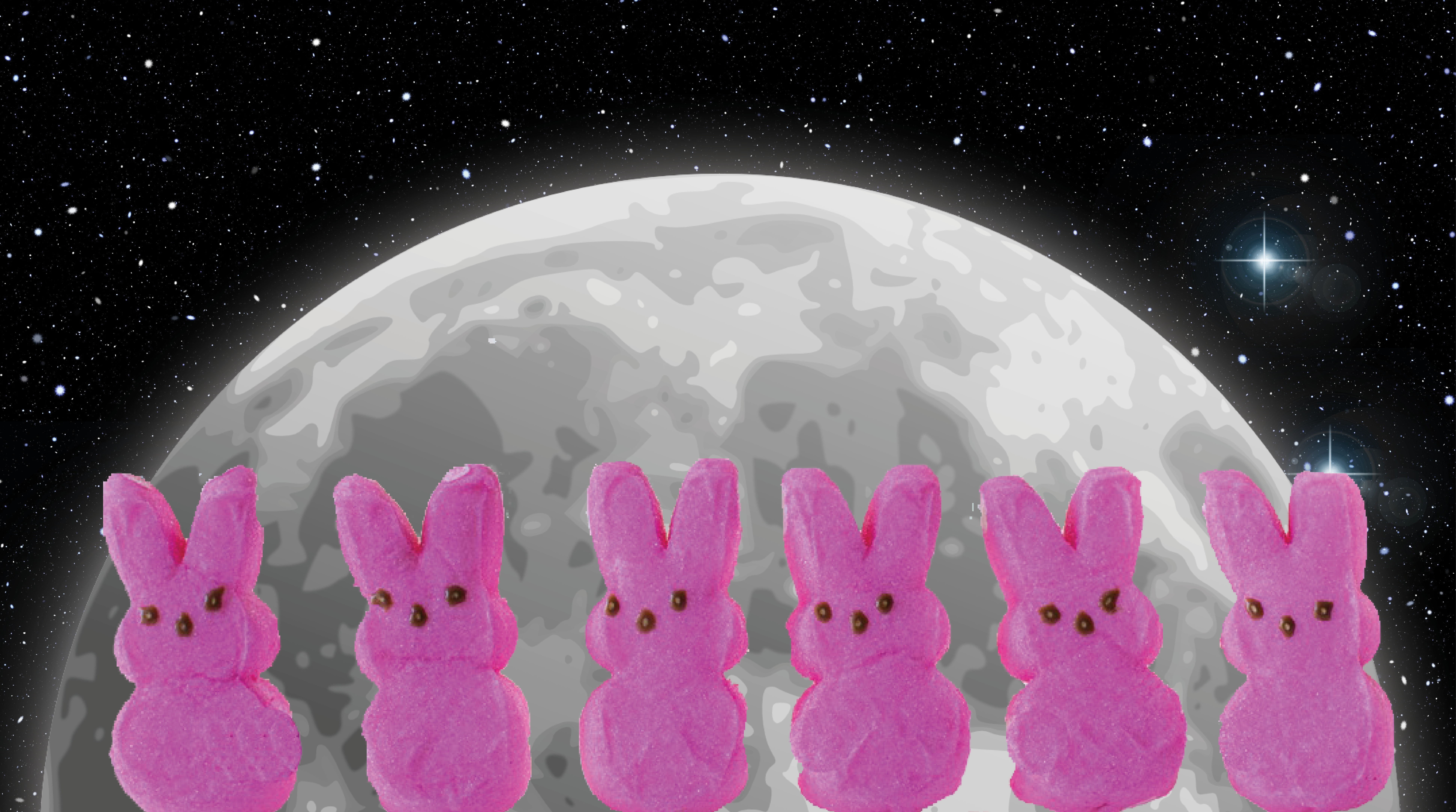 Marshmallow Peeps on a Moon and Stars Background