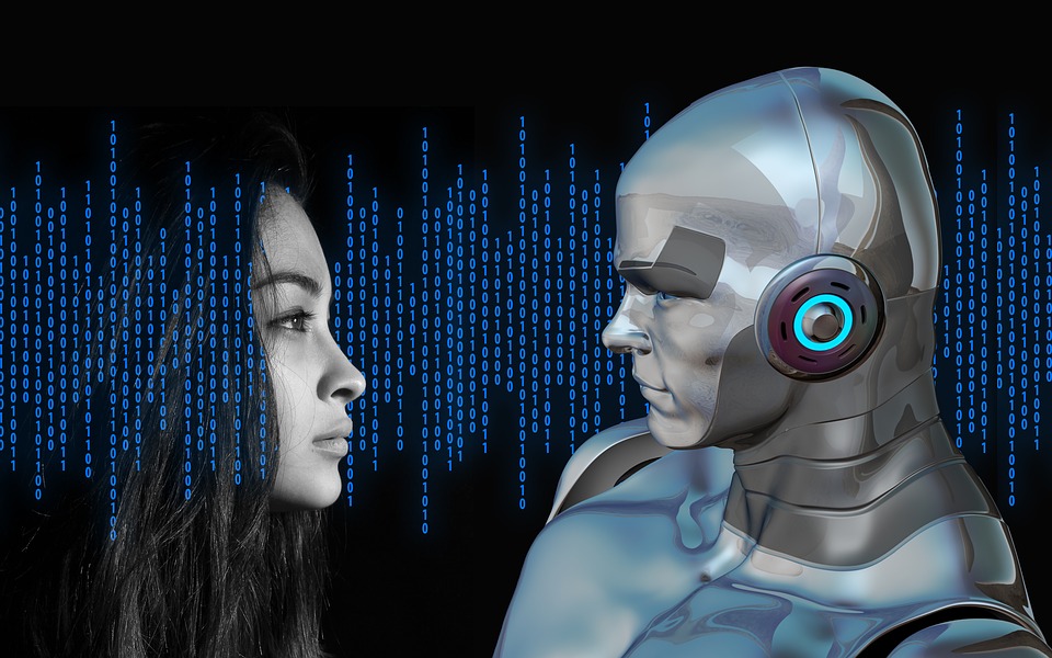 Woman and robot looking at each other