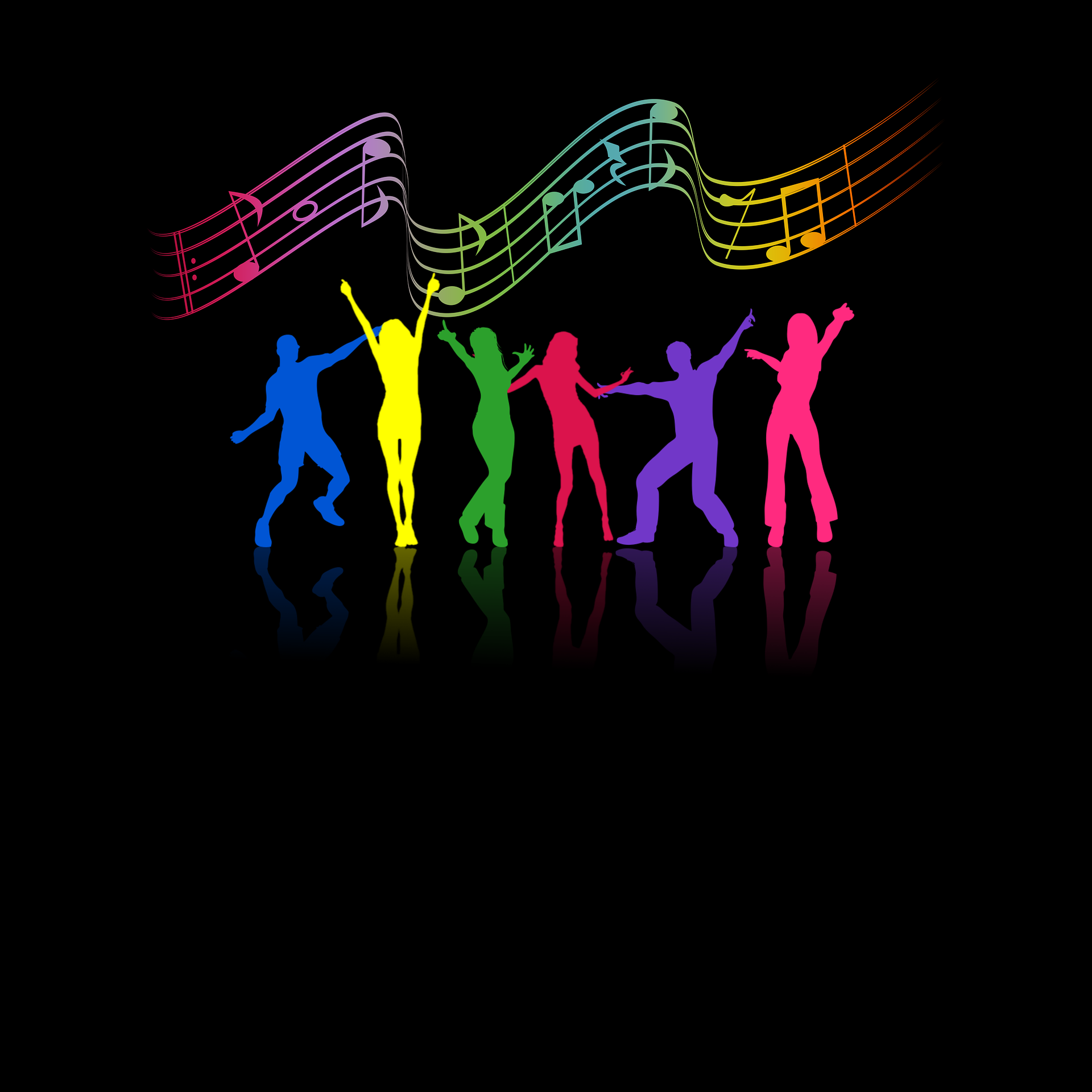 Brightly colored silhouettes dancing on a black background