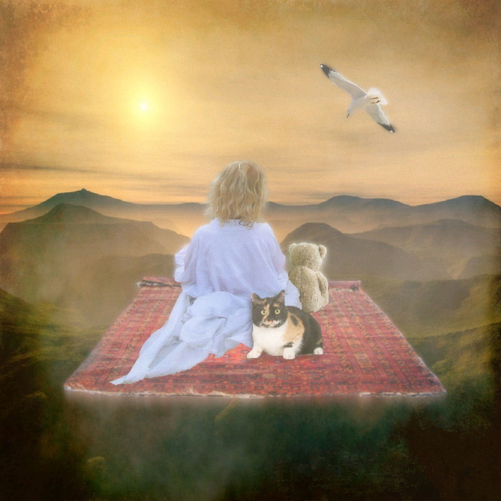 Young child on blanket imagining a magic carpet ride.
