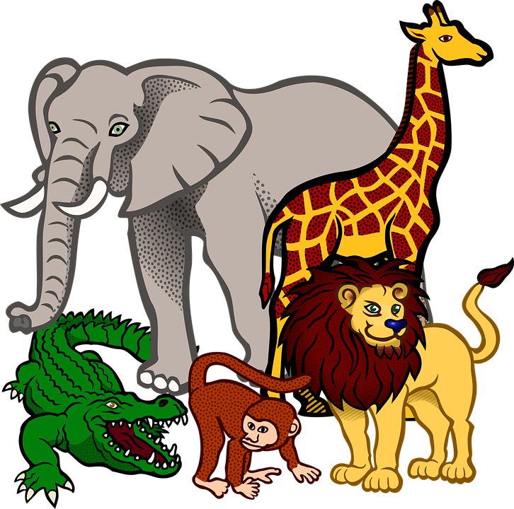 A collage of wild animals, elephant, giraffe, lion, monkey and alligator.