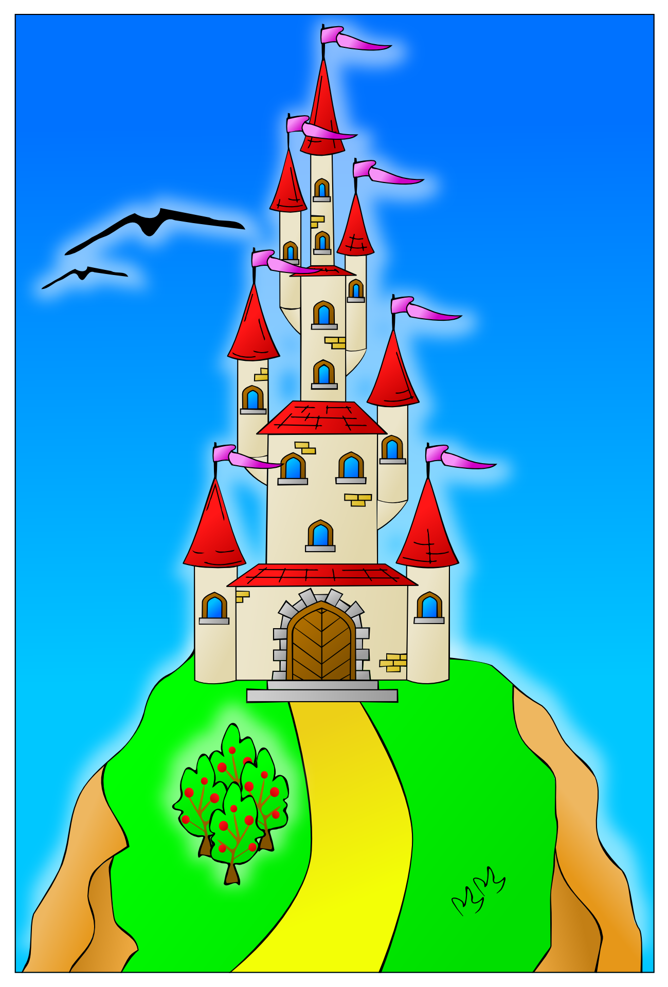 Vector graphic of a colorful castle on a hill
