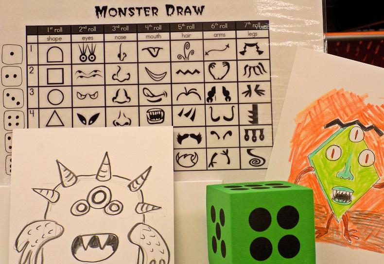 Monster Draw set up, with dice.