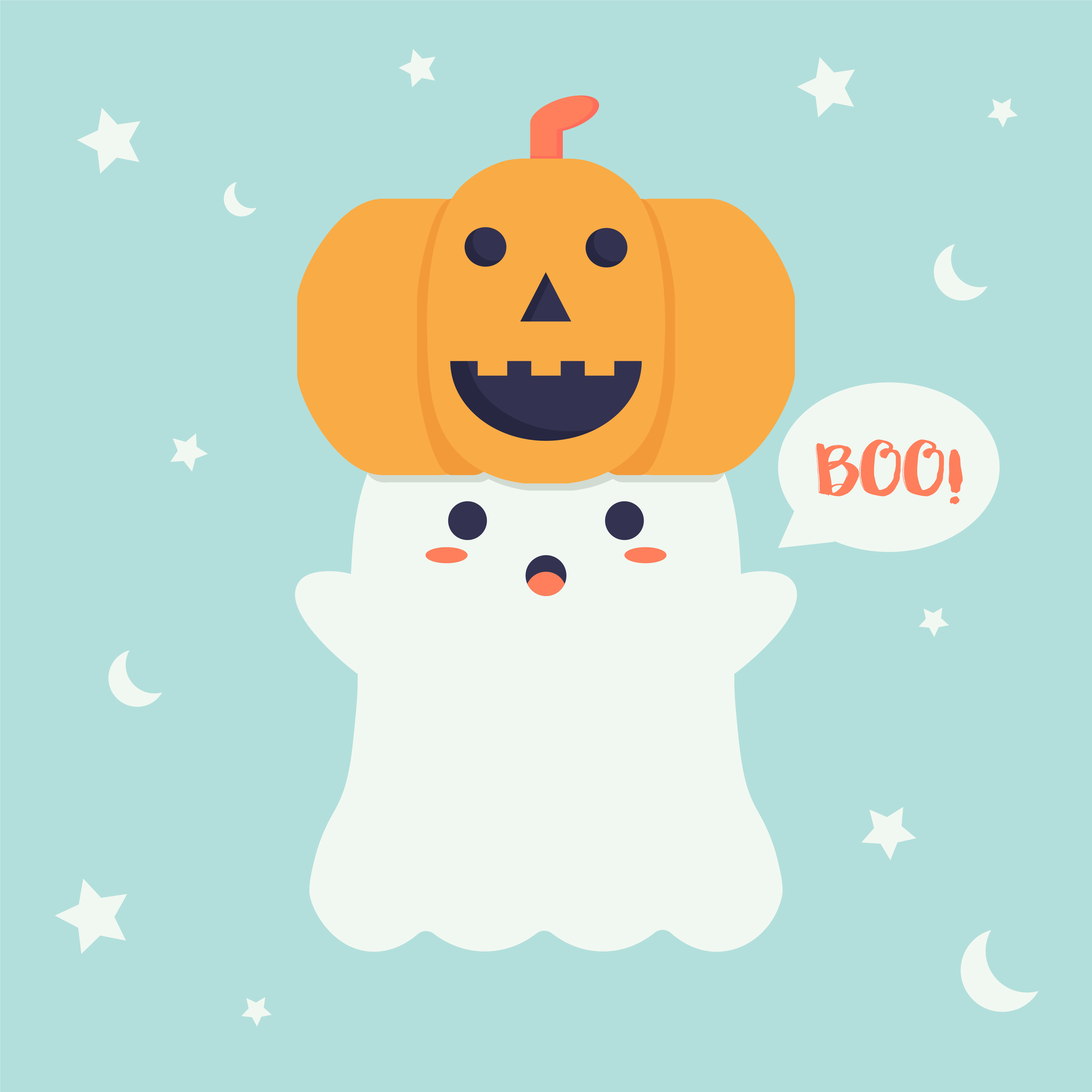 Cute ghost with pumpkin hat and the word BOO!