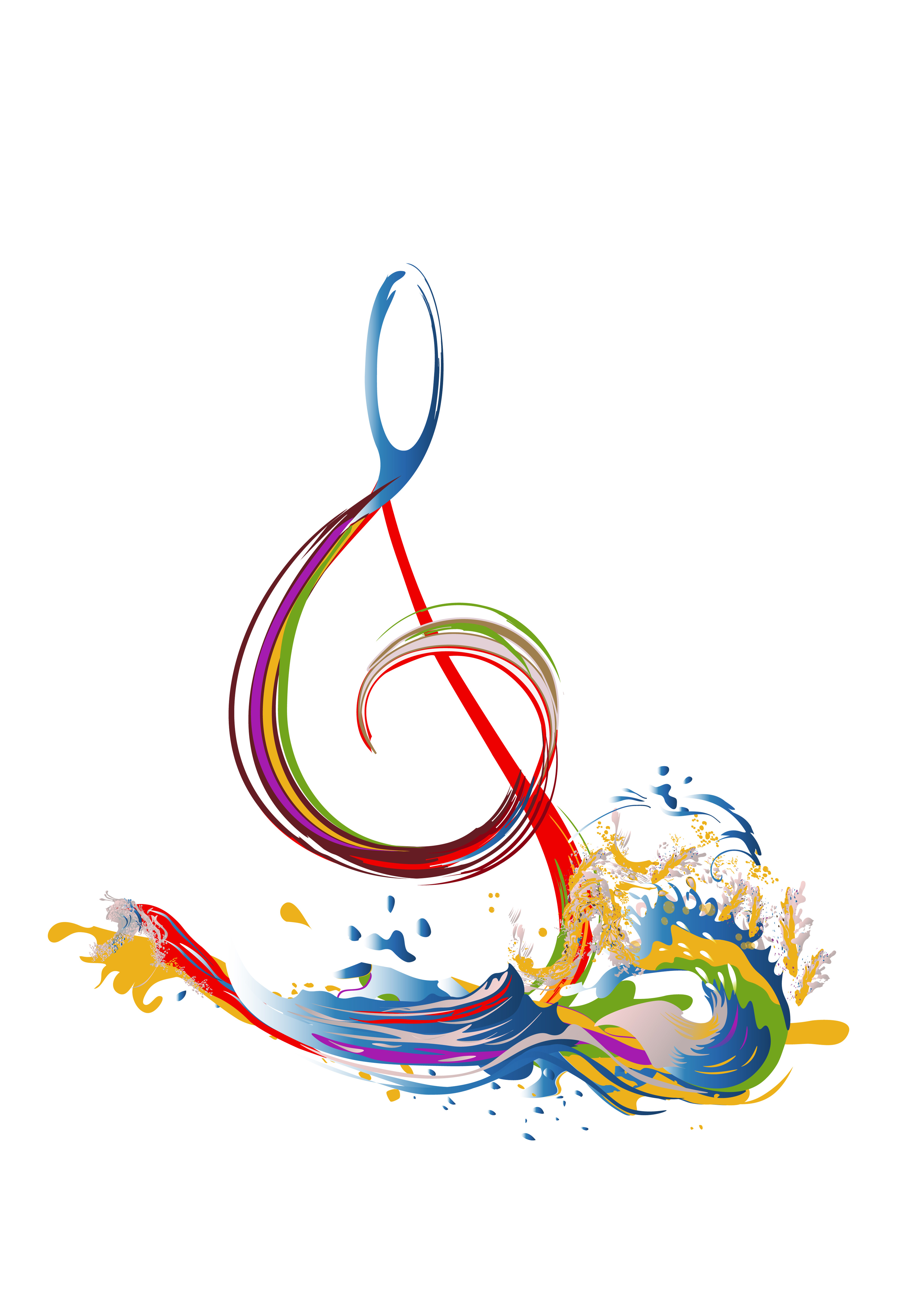 Abstract musical design with a treble clef and colorful splashes and waves. 