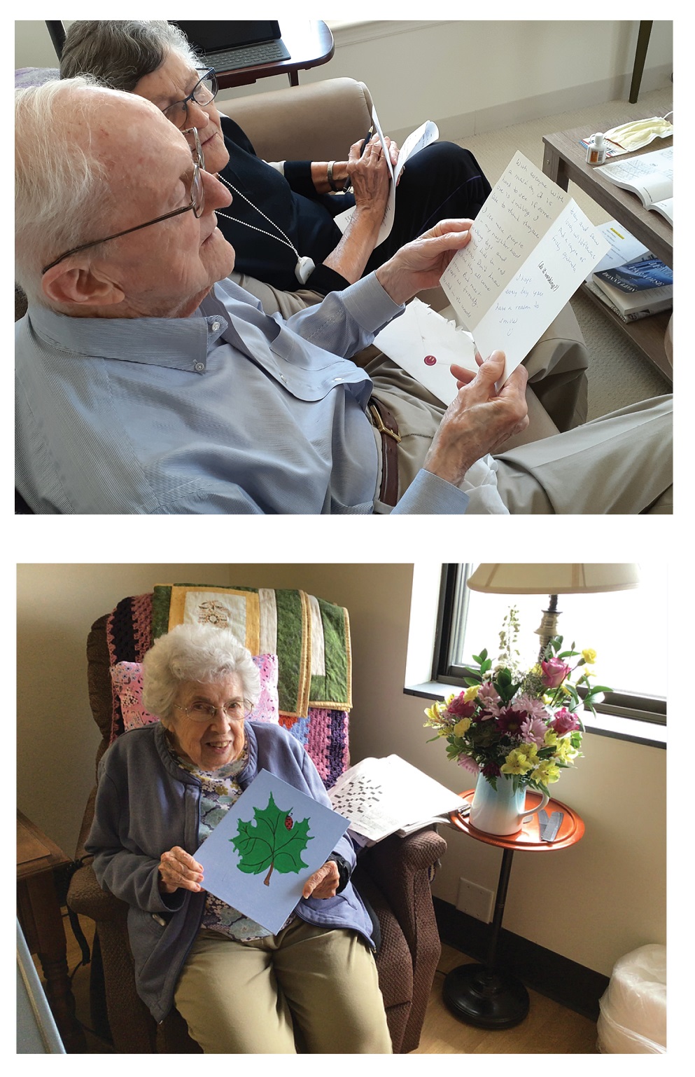 Two seniors reading the letters they received from Letters of Isolation.