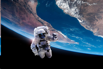 Astronaut floating through space with Earth in the background