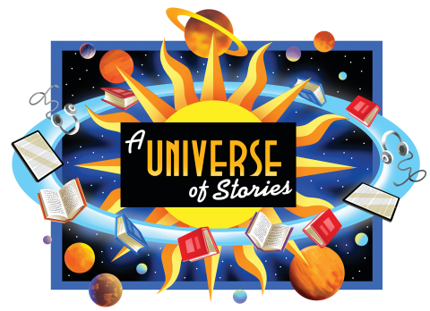 Universe of Stories Graphic with planets and books revolving around the sun.