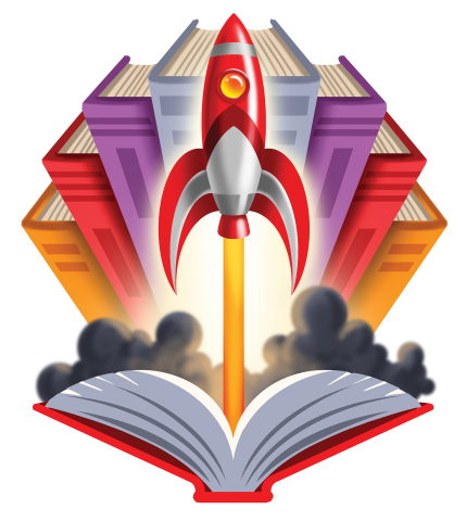 Graphic of rocket taking off out of an open book.