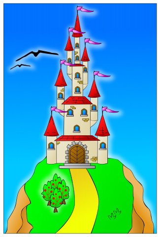 Vector graphic of a colorful castle on a hill