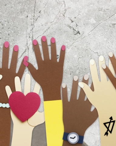 diverse hands showing peace and love