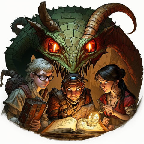 graphic of three kids playing dungeons and dragons with a large dragon creeping up behind them.