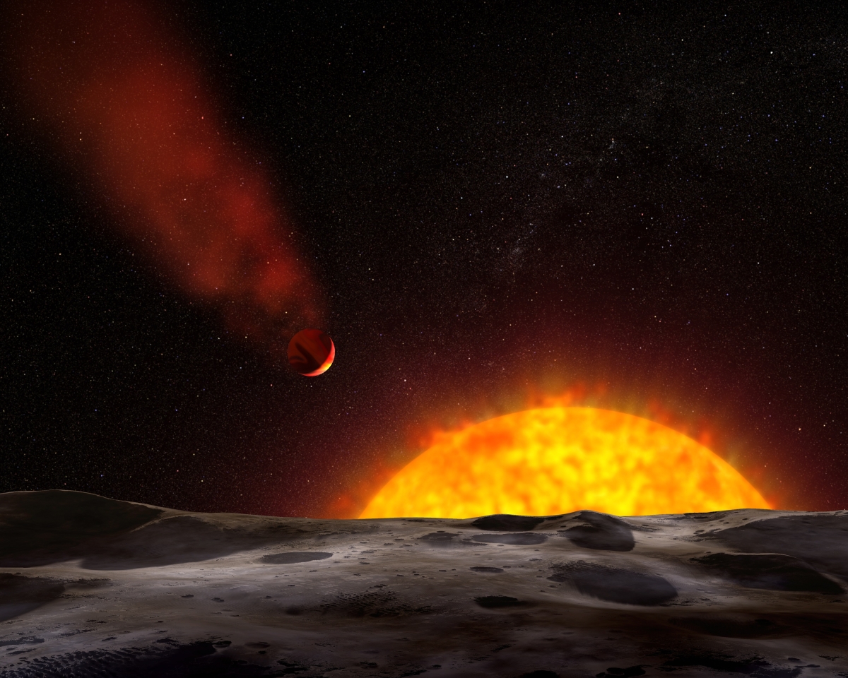 Surface of a planet with sun and an exoplanet in the background