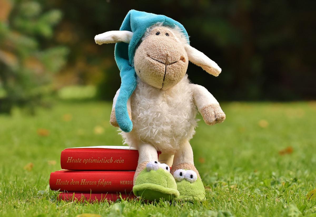 Stuffed lamb sitting on a couple of books...